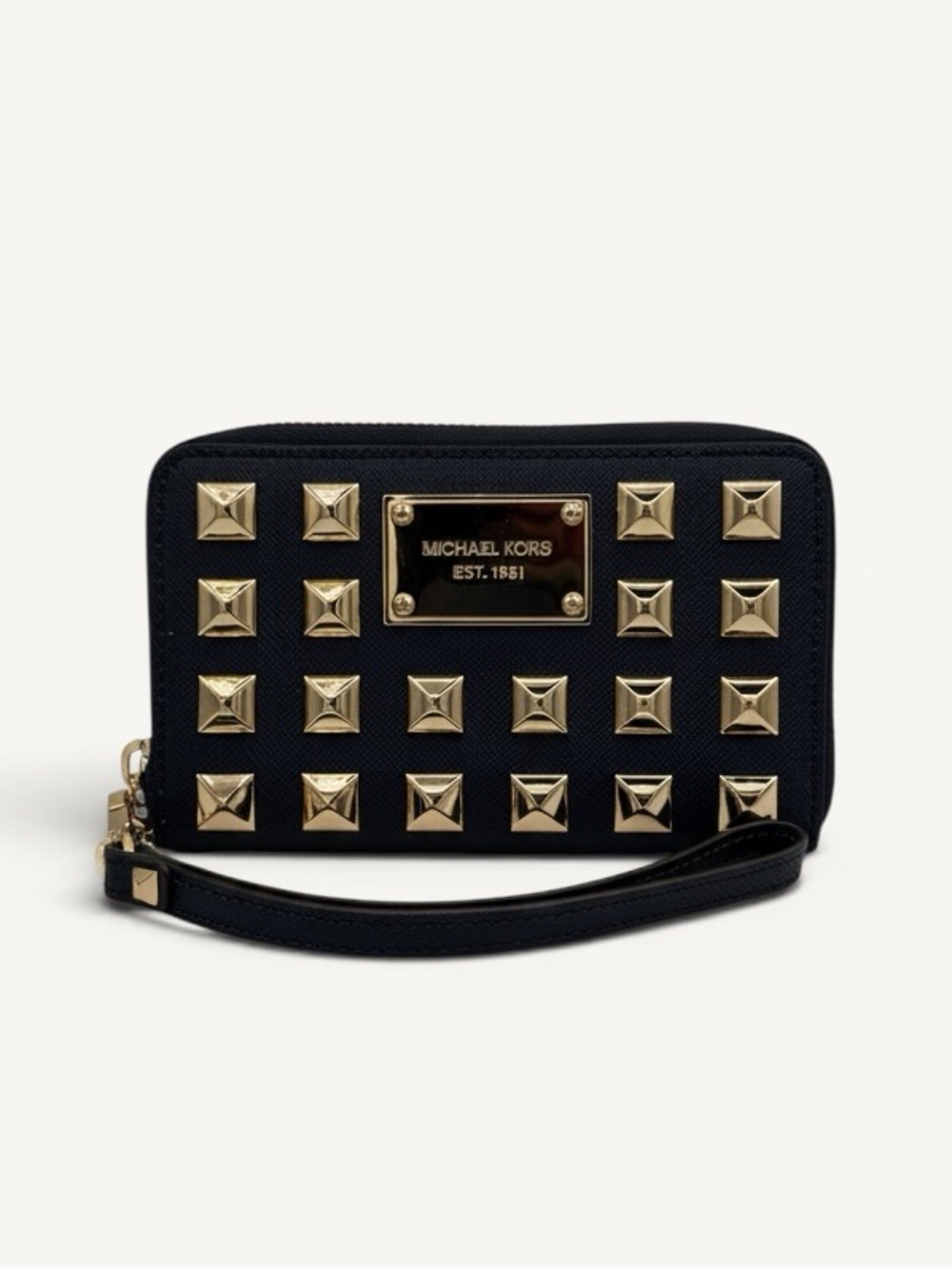 Michael Kors Hamilton Navy Saffiano Leather Wristlet with Gold Pyramid Studs